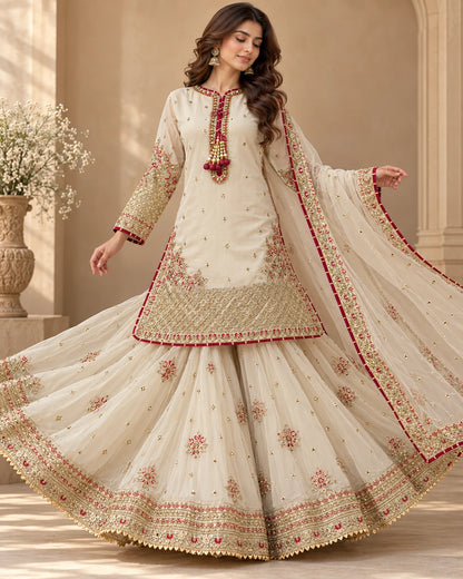 Ivory Elegance – Luxury Embroidered 3-Piece Sharara Suit