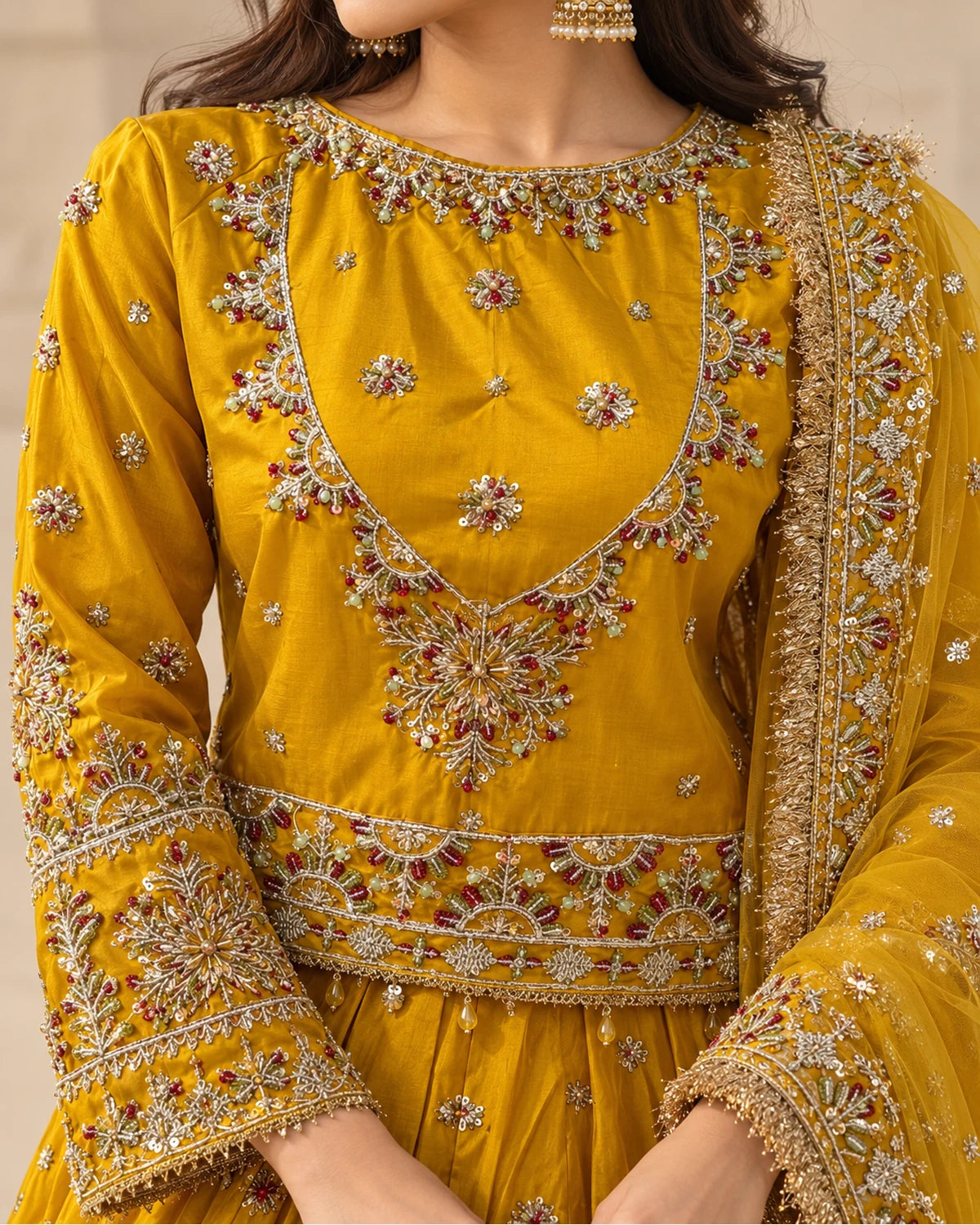 Mustard Golden Embroidered Bridal Lehenga Choli with Net Dupatta & Matching Potli Bag
