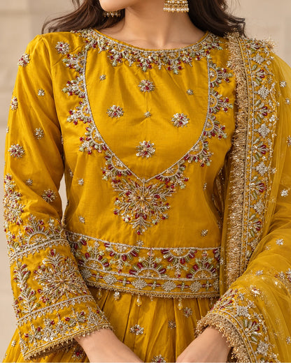 Mustard Golden Embroidered Bridal Lehenga Choli with Net Dupatta & Matching Potli Bag