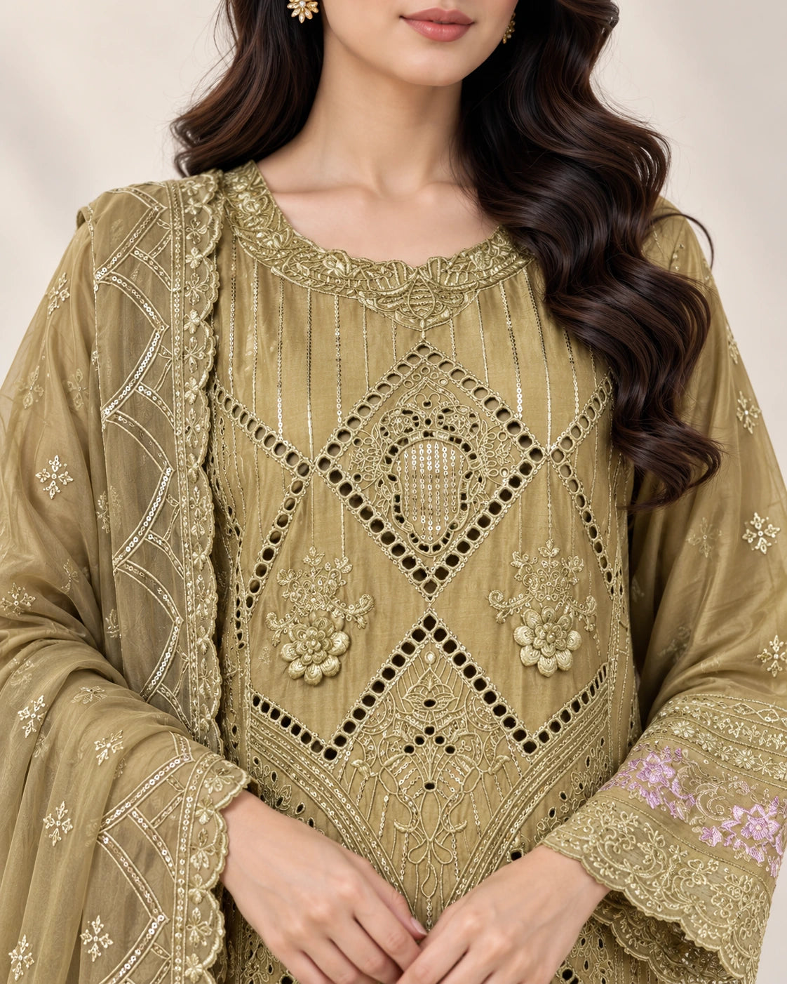 Olive Gold Luxury Embroidered 3-Piece Suit with Cutwork Detailing