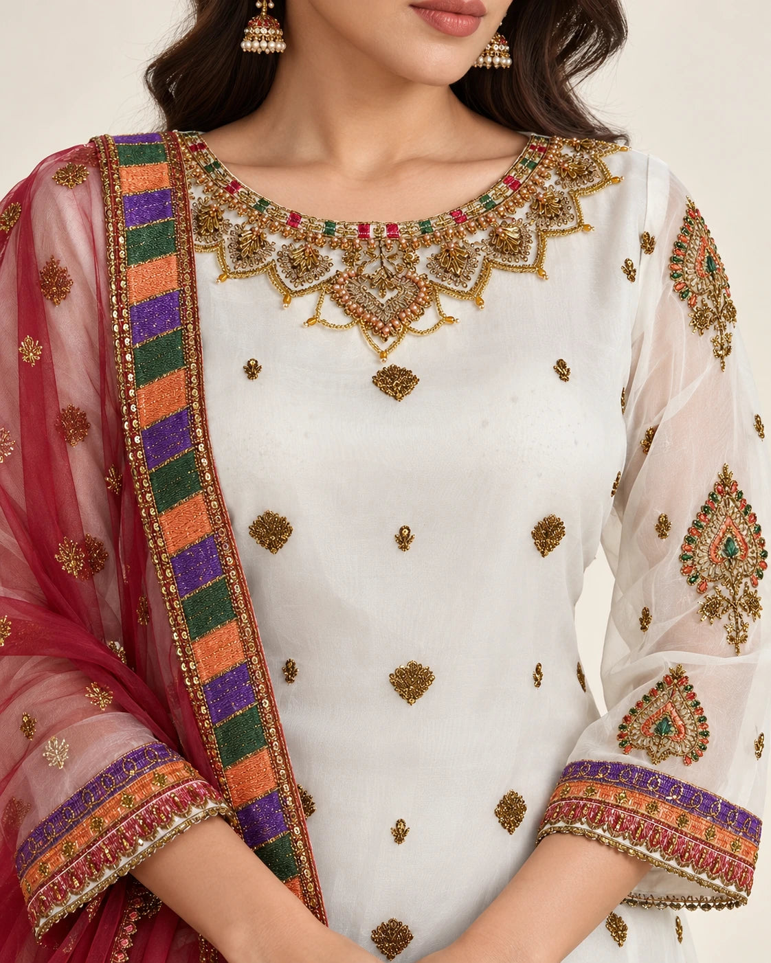 Ivory White Embroidered Lehenga Set with Rose Pink Dupatta