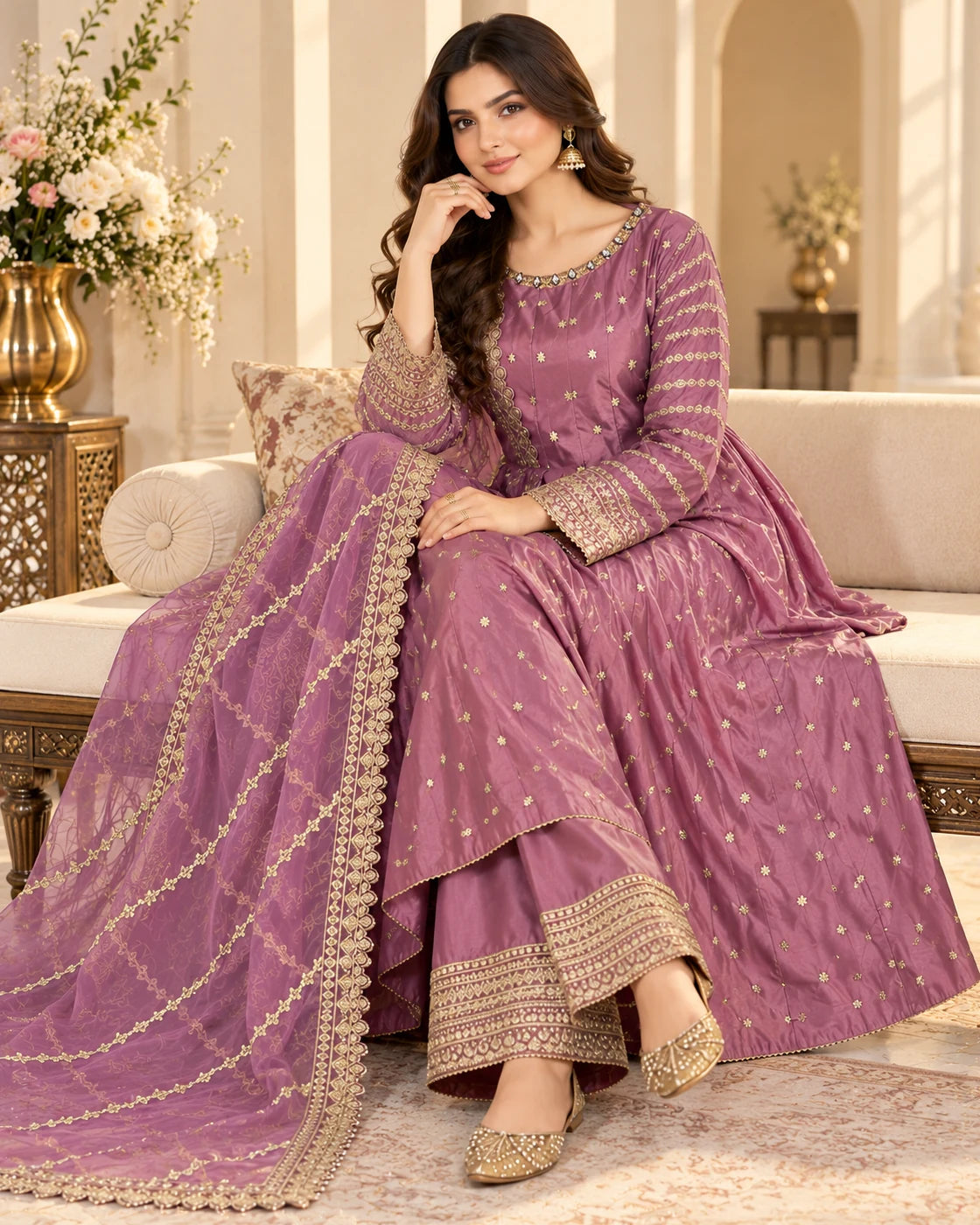 Mauve Purple Gold Embroidered 3-Piece Anarkali Suit