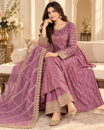 Mauve Purple Gold Embroidered 3-Piece Anarkali Suit