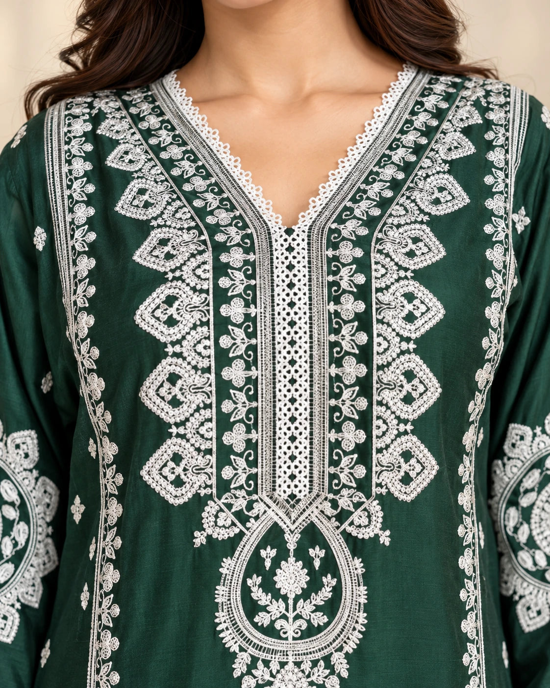 Elegant Bottle Green Embroidered Viscose 3-Piece Suit with Chiffon Dupatta