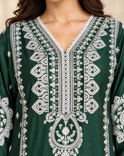 Elegant Bottle Green Embroidered Viscose 3-Piece Suit with Chiffon Dupatta