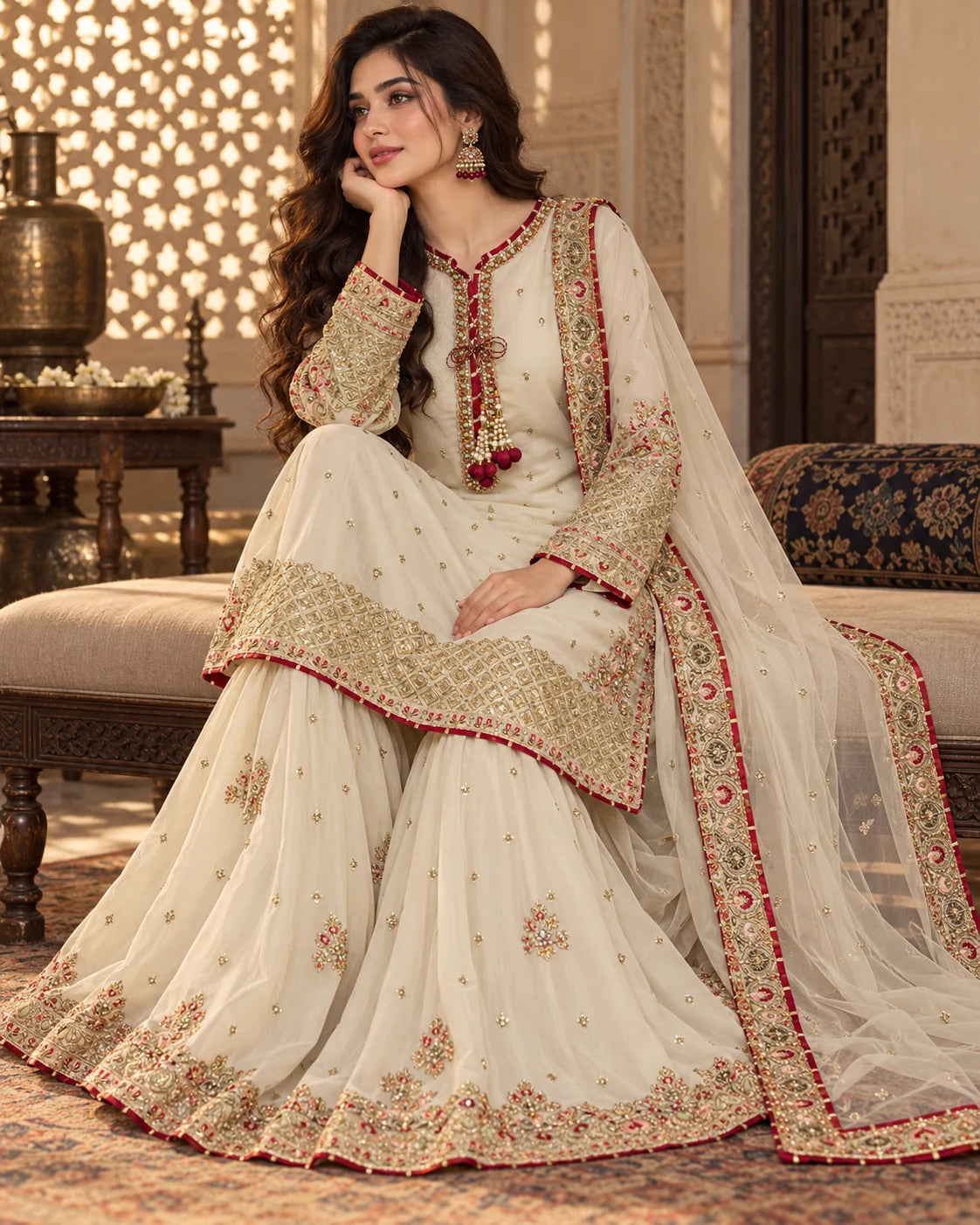 Ivory Elegance – Luxury Embroidered 3-Piece Sharara Suit