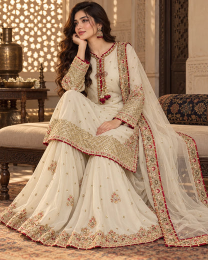 Ivory Elegance – Luxury Embroidered 3-Piece Sharara Suit