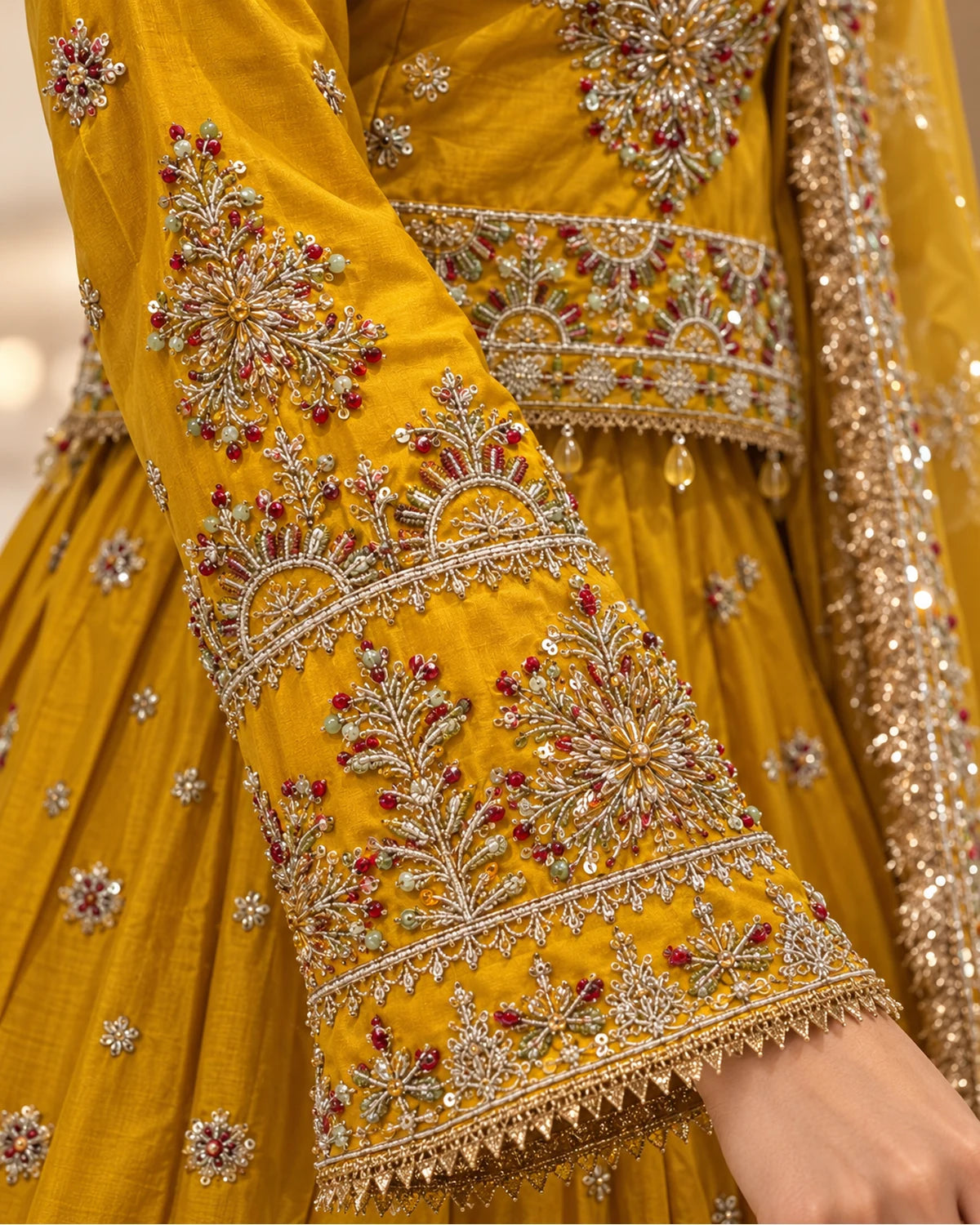 Mustard Golden Embroidered Bridal Lehenga Choli with Net Dupatta & Matching Potli Bag