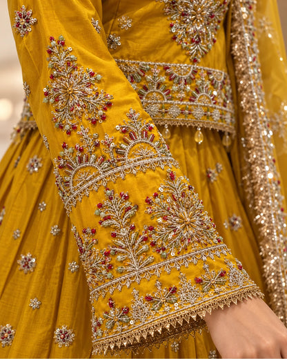 Mustard Golden Embroidered Bridal Lehenga Choli with Net Dupatta & Matching Potli Bag