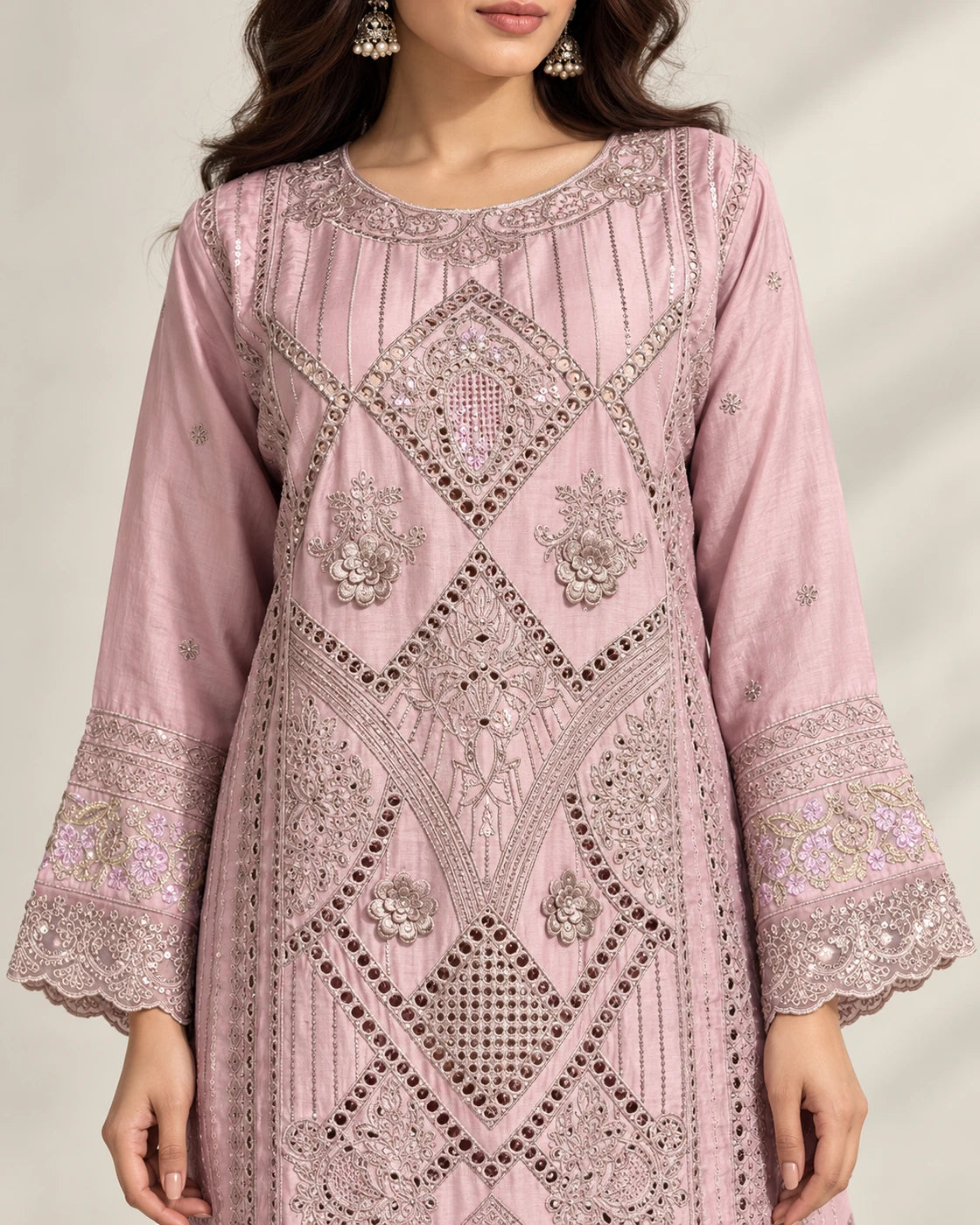 Premium Viscose Embroidered 3-Piece Suit – Dusty Pink