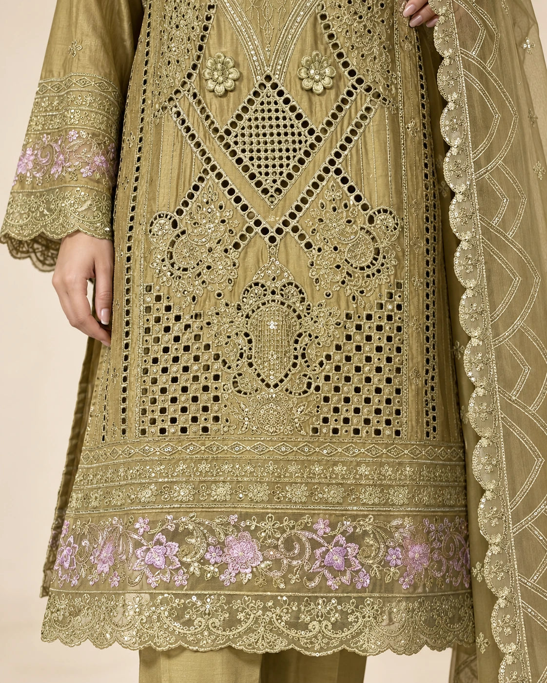 Olive Gold Luxury Embroidered 3-Piece Suit with Cutwork Detailing