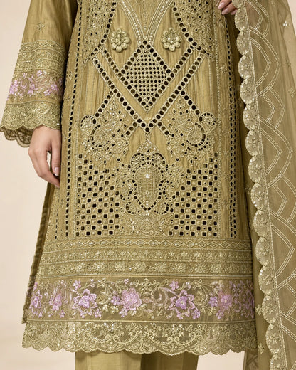 Olive Gold Luxury Embroidered 3-Piece Suit with Cutwork Detailing