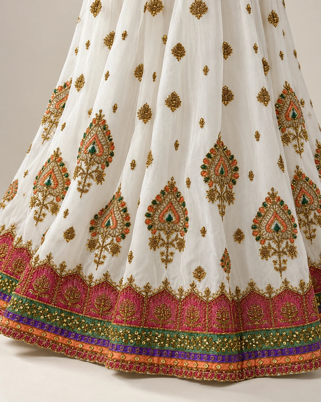 Ivory White Embroidered Lehenga Set with Rose Pink Dupatta