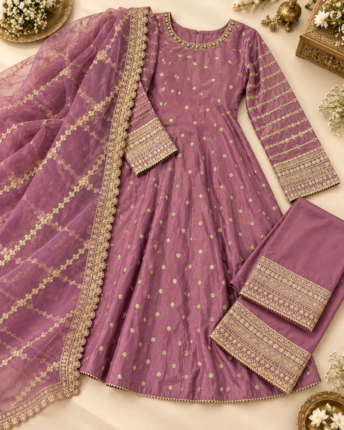 Mauve Purple Gold Embroidered 3-Piece Anarkali Suit