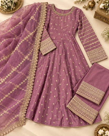 Mauve Purple Gold Embroidered 3-Piece Anarkali Suit