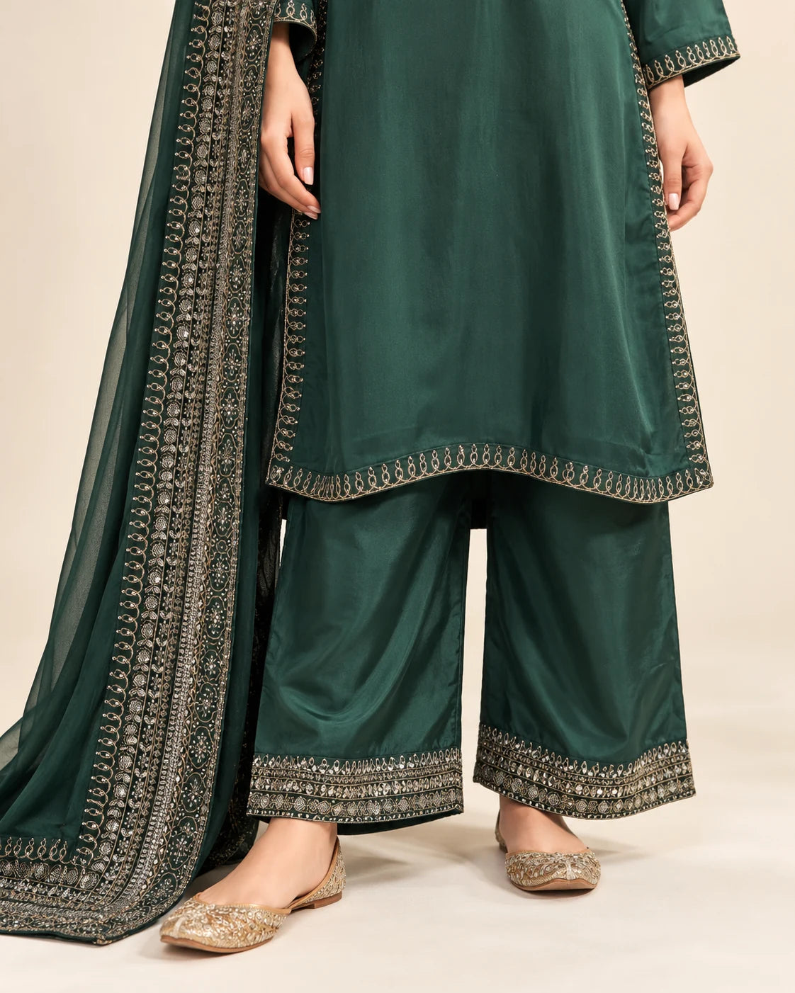 Emerald Green Embroidered 3-Piece Suit with Dupatta