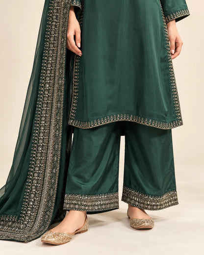 Emerald Green Embroidered 3-Piece Suit with Dupatta