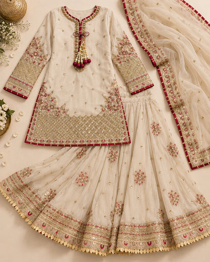 Ivory Elegance – Luxury Embroidered 3-Piece Sharara Suit
