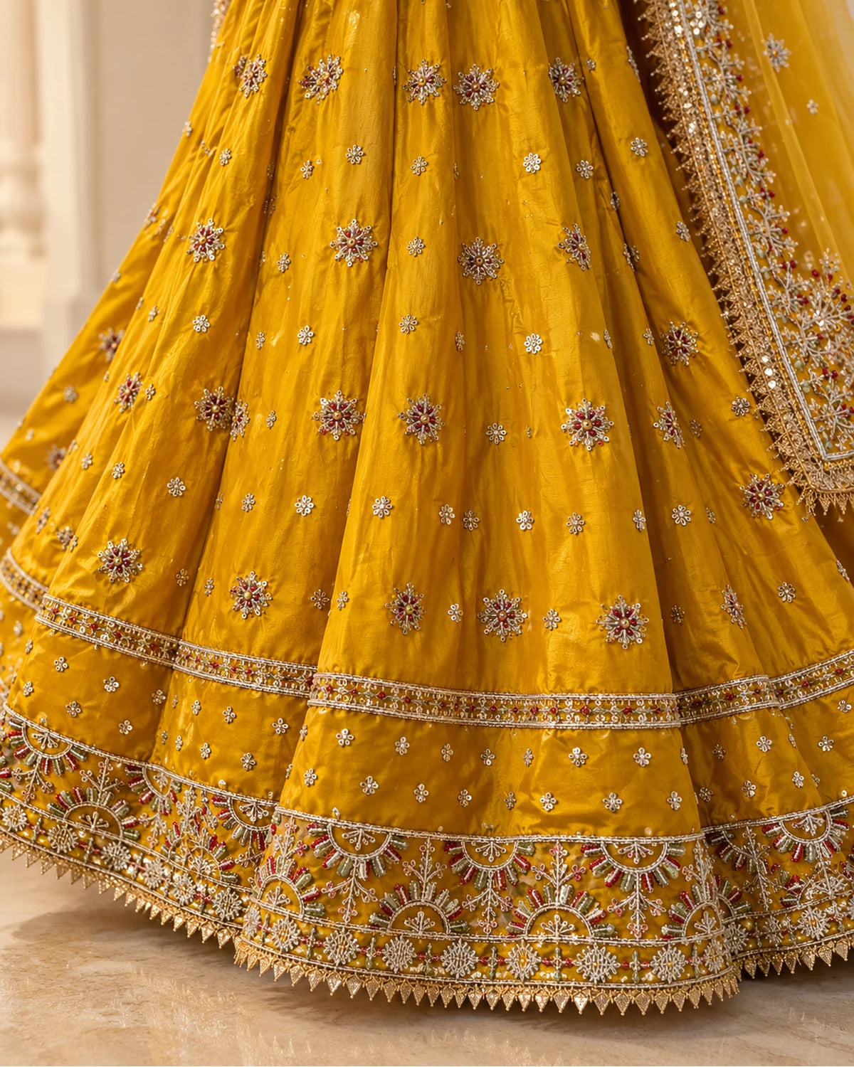 Mustard Golden Embroidered Bridal Lehenga Choli with Net Dupatta & Matching Potli Bag
