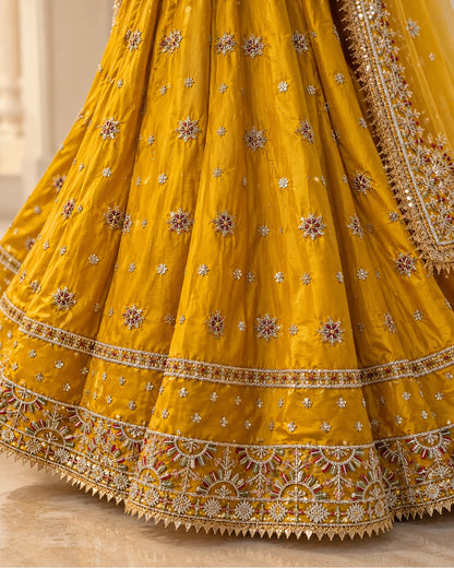 Mustard Golden Embroidered Bridal Lehenga Choli with Net Dupatta & Matching Potli Bag