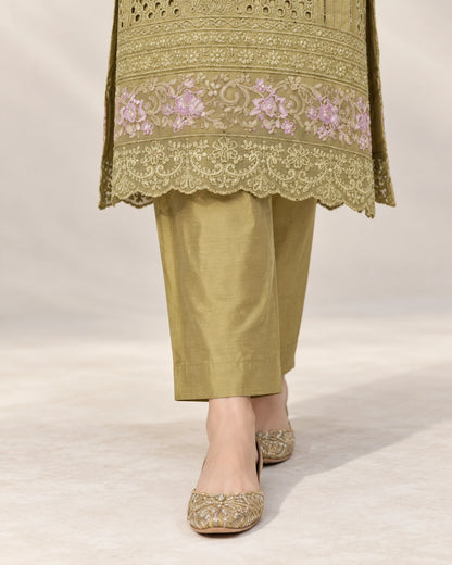 Olive Gold Luxury Embroidered 3-Piece Suit with Cutwork Detailing