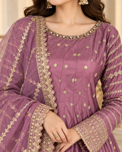 Mauve Purple Gold Embroidered 3-Piece Anarkali Suit