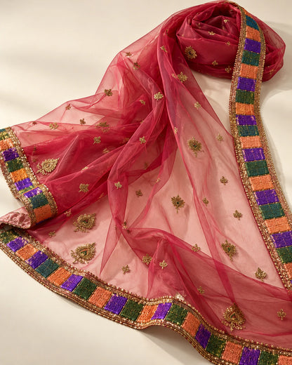 Ivory White Embroidered Lehenga Set with Rose Pink Dupatta