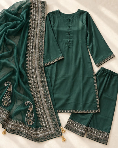 Emerald Green Embroidered 3-Piece Suit with Dupatta