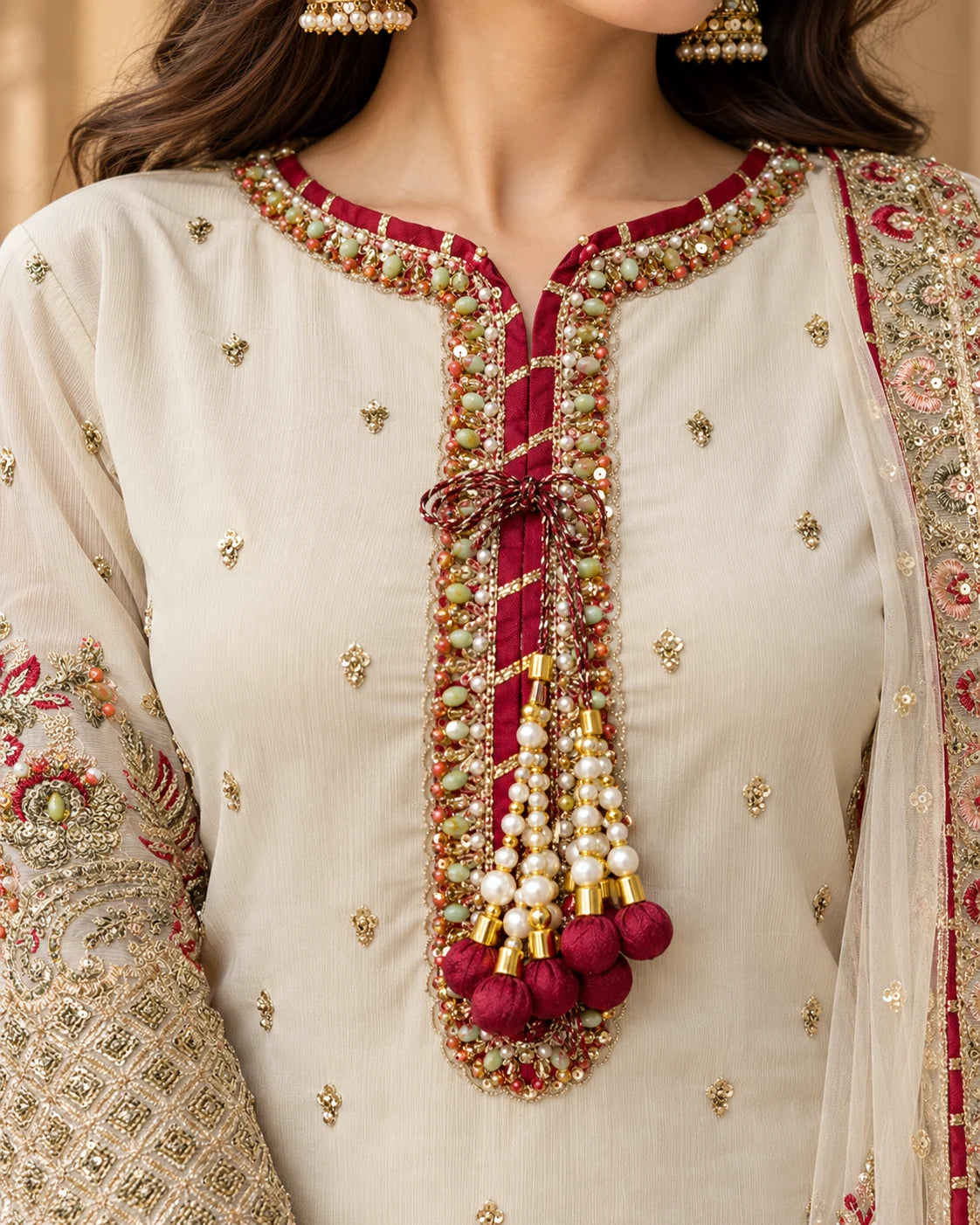 Ivory Elegance – Luxury Embroidered 3-Piece Sharara Suit