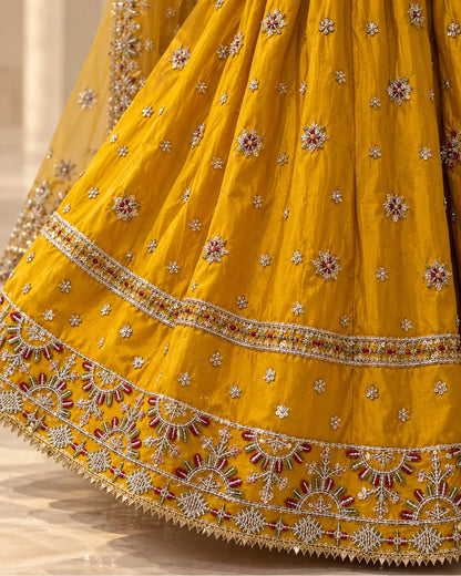 Mustard Golden Embroidered Bridal Lehenga Choli with Net Dupatta & Matching Potli Bag