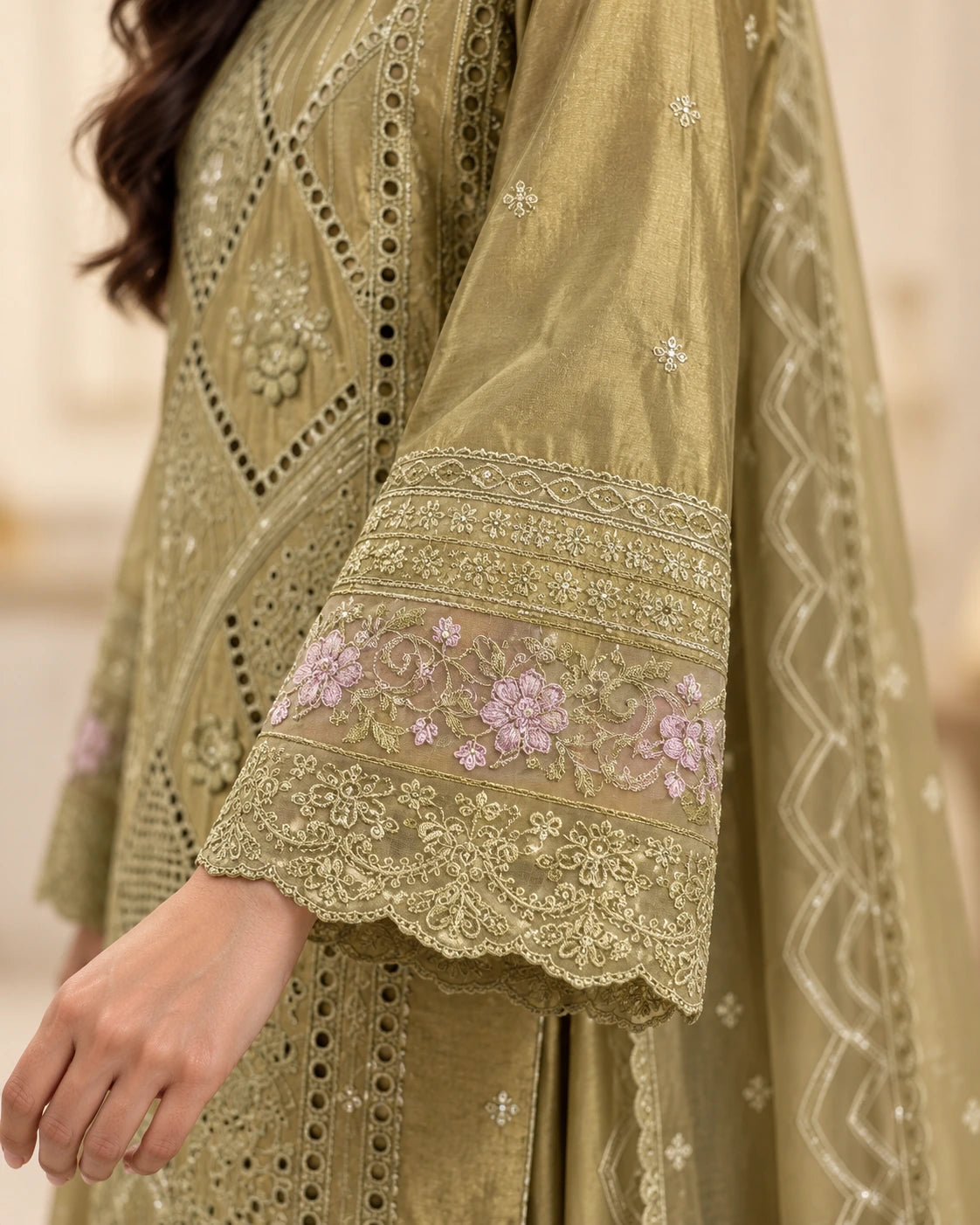 Olive Gold Luxury Embroidered 3-Piece Suit with Cutwork Detailing