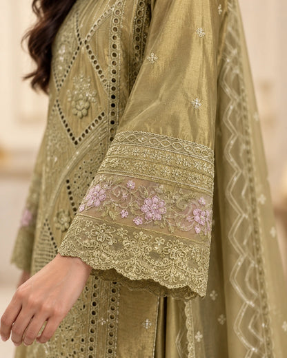 Olive Gold Luxury Embroidered 3-Piece Suit with Cutwork Detailing