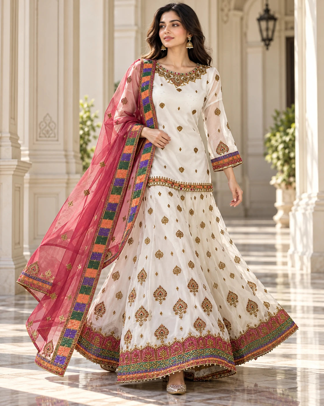 Ivory White Embroidered Lehenga Set with Rose Pink Dupatta