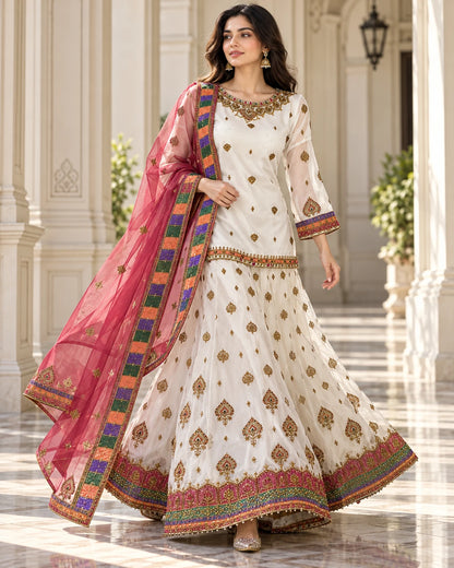 Ivory White Embroidered Lehenga Set with Rose Pink Dupatta