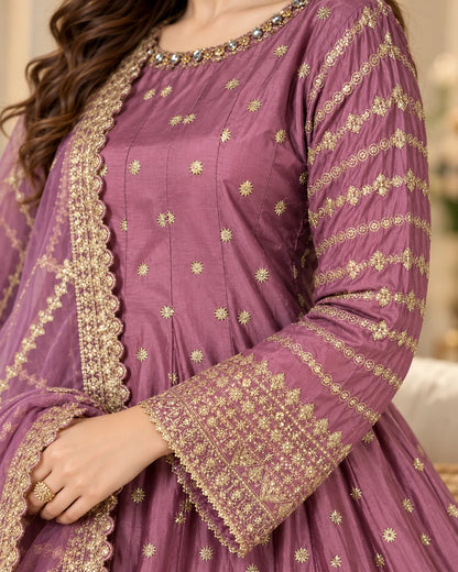 Mauve Purple Gold Embroidered 3-Piece Anarkali Suit