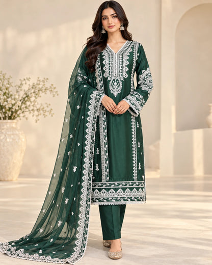 Elegant Bottle Green Embroidered Viscose 3-Piece Suit with Chiffon Dupatta