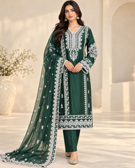Elegant Bottle Green Embroidered Viscose 3-Piece Suit with Chiffon Dupatta