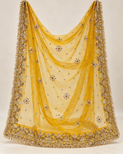 Mustard Golden Embroidered Bridal Lehenga Choli with Net Dupatta & Matching Potli Bag