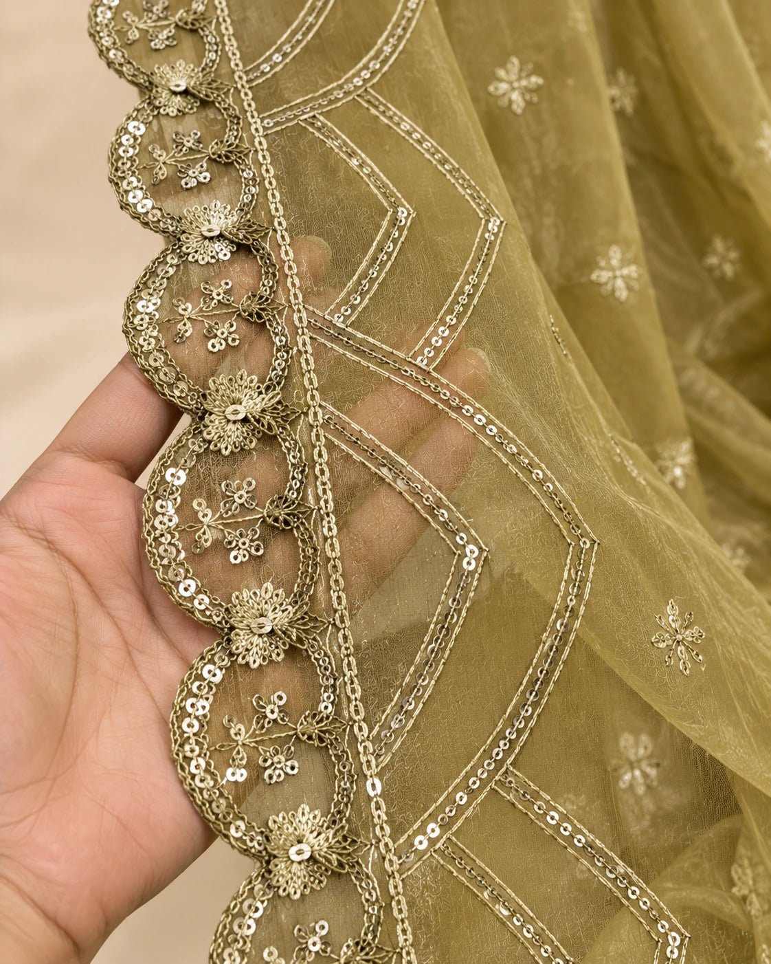 Olive Gold Luxury Embroidered 3-Piece Suit with Cutwork Detailing