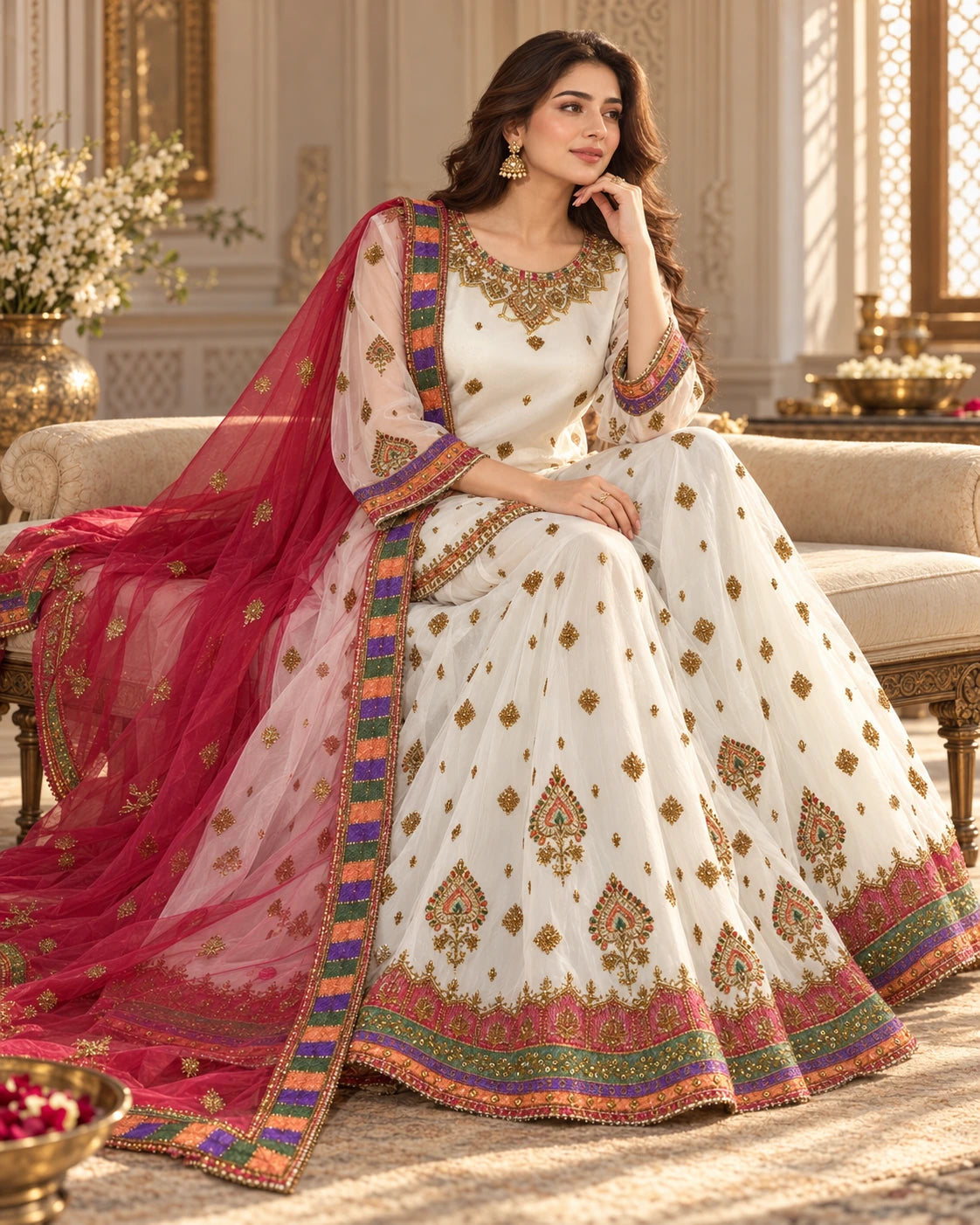 Ivory White Embroidered Lehenga Set with Rose Pink Dupatta