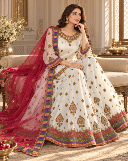Ivory White Embroidered Lehenga Set with Rose Pink Dupatta