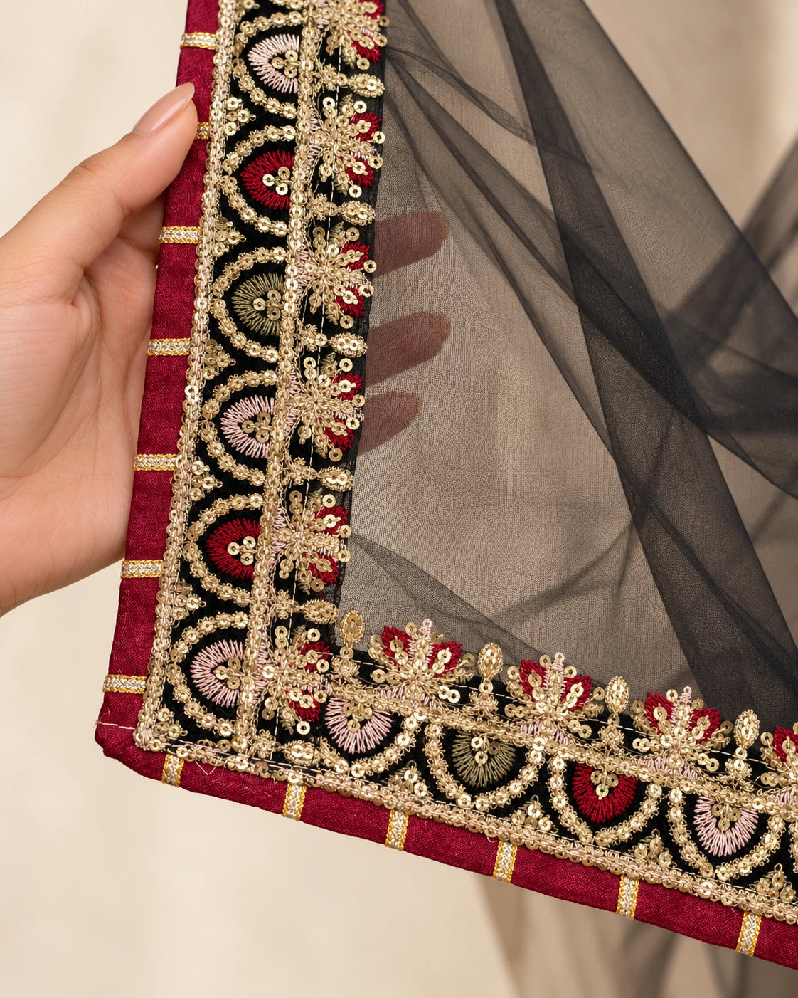 heer black net dupatta with ornate gold floral embroidery and deep maroon border