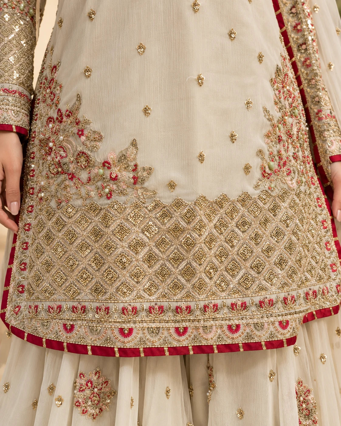 Ivory Elegance – Luxury Embroidered 3-Piece Sharara Suit