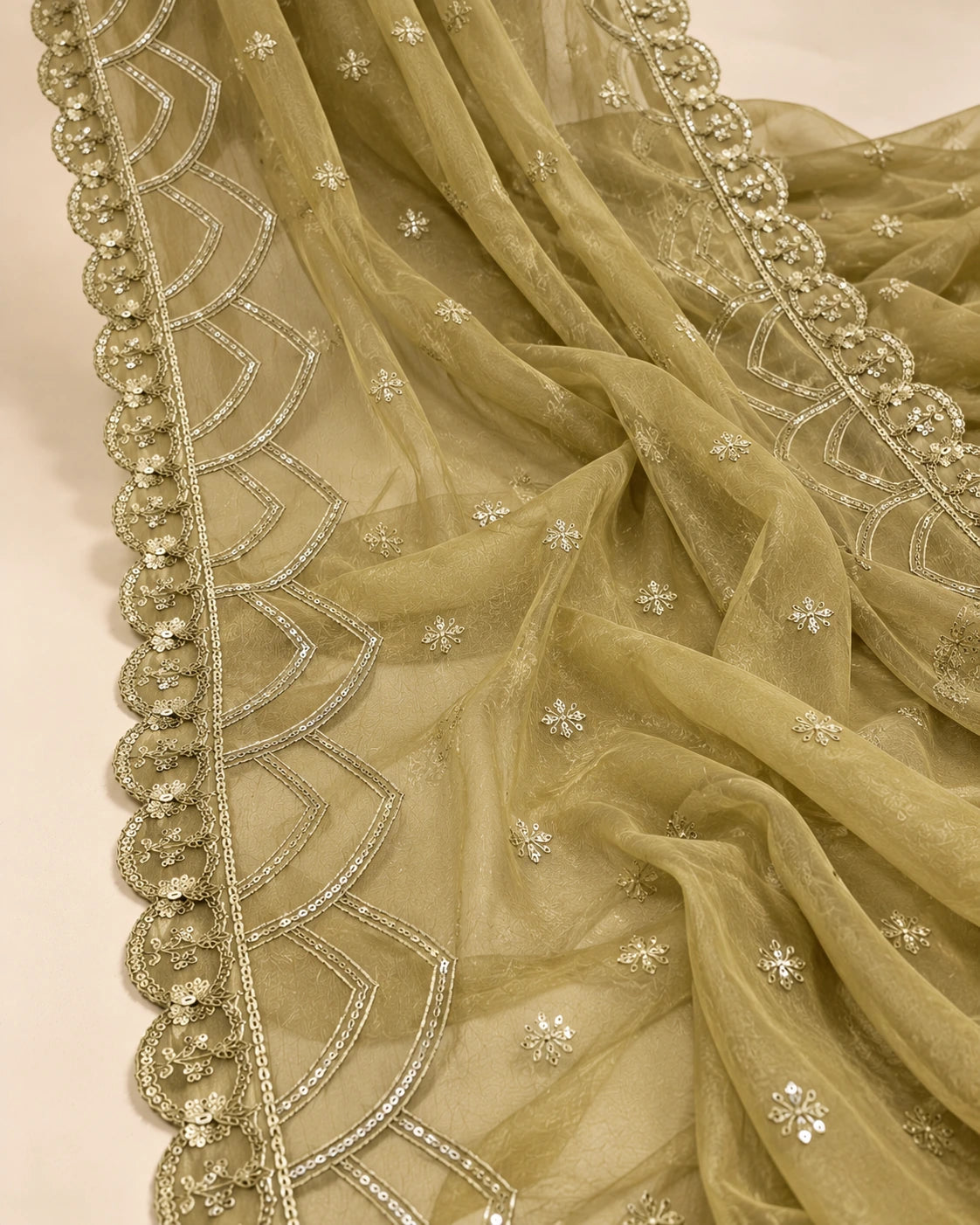 Olive Gold Luxury Embroidered 3-Piece Suit with Cutwork Detailing