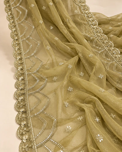 Olive Gold Luxury Embroidered 3-Piece Suit with Cutwork Detailing