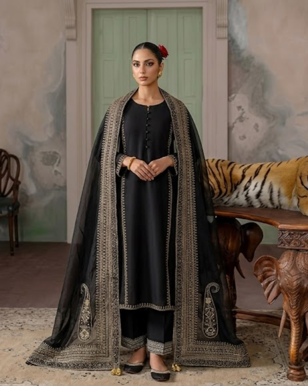 Noir & Noor | Black 3 Piece Suit with Silver Zari Embroidery and Sheer Dupatta