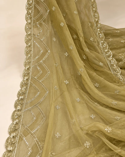 Olive Gold Luxury Embroidered 3-Piece Suit with Cutwork Detailing