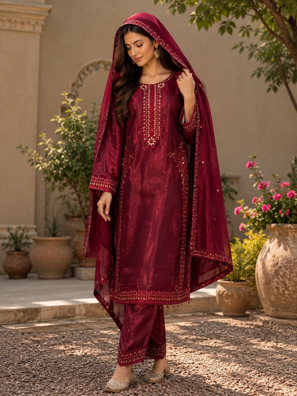 Noor-E-Neel Sheesha Silk Embroidered Suit With Handwork