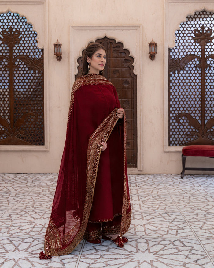 Mahroon Premium 3-Piece Stitched Suit (Ready to Wear)