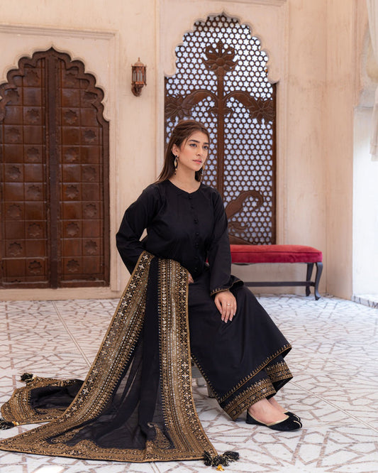 Black Premium 3-Piece Stitched Suit (Ready to Wear)